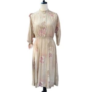 Vintage Melissa Lane Beige Floral Modest Midi Dress 8 | Boho Cottagecore Prairie